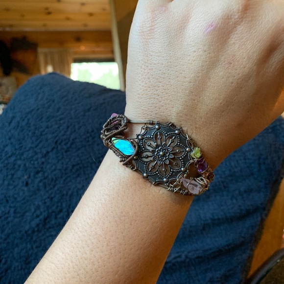 Artisan Vintage Copper and Natural Gemstone Coffee Bracelet - Picture 6 of 14